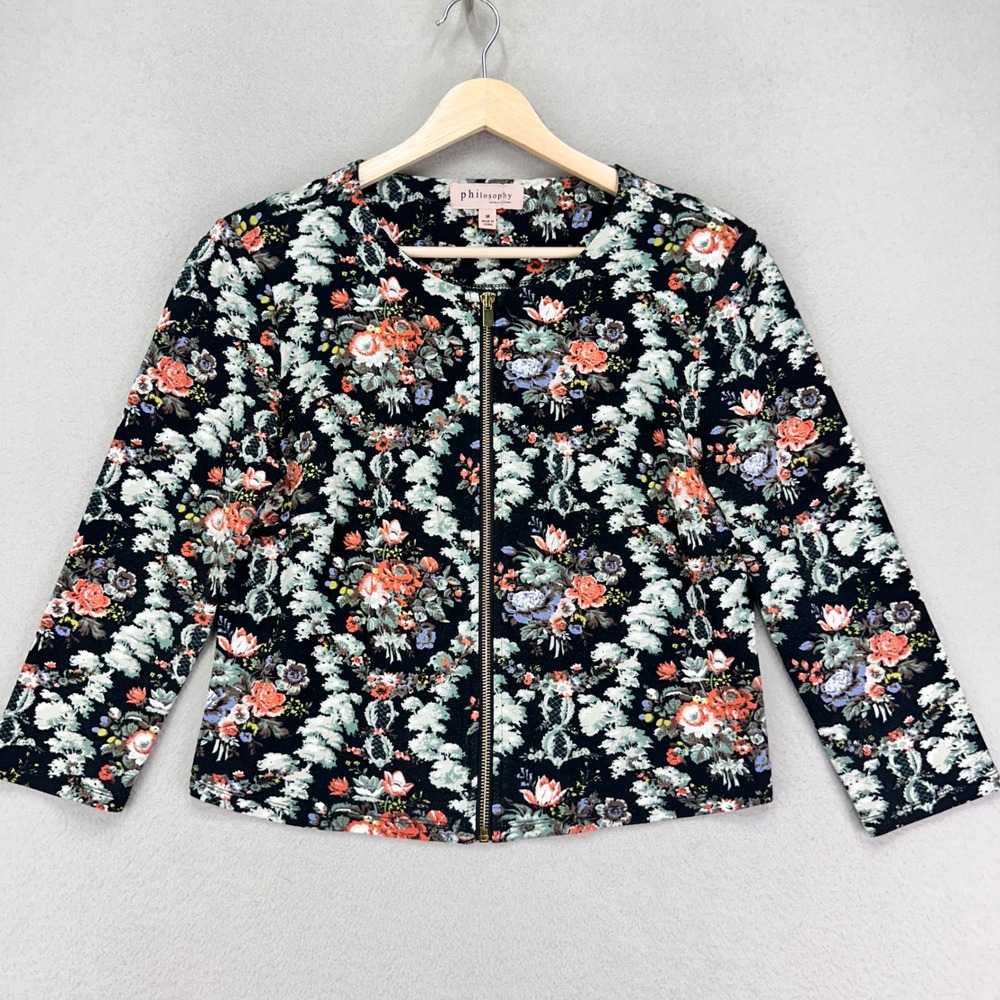 Philosophy Floral Zip Jacket Womens Medium Black 3/4 Sleeve‎ Office Career